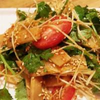 Spicy Bamboo Shoot Salad (Vegetarian) · Leeks, cilantros, cucumbers, bamboo shoots, tomatoes with spicy sauce.