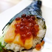 Hand Roll - Salmon Ikura · Raw salmon, salmon roe, radish sprouts with sushi, rice.
