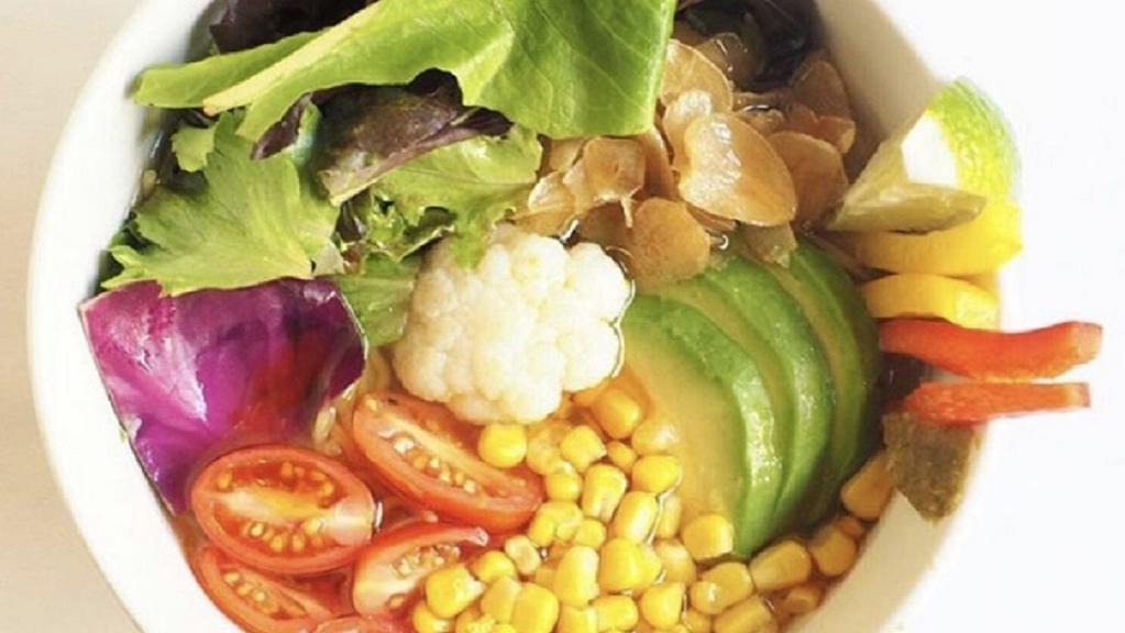 Vegetable Ramen (Vegetarian) · Vegetable broth. , cauliflower, avocado, garlic chips, red peppers, yellow peppers, lime, yuzu pepper paste, mixed green, sesame oil and cherry tomatoes.
⋆Additional toppings will be charged.
Choose from the Add Toppings list.