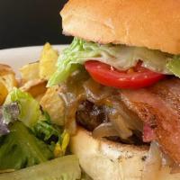 Wagyu Beef Burger · With Cheddar Cheese, Onion al Balsamico, Tomato, Lettuce served with Roasted Potato & Greens