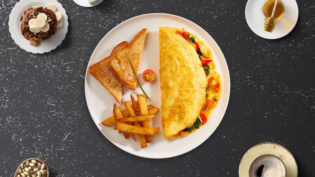 Western Omelette · Eggs cooked with ham, onions, tomatoes, and peppers as an omelette. Served with toast and home fries.