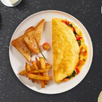 Pastrami Omelette · Eggs cooked with sizzling pastrami, swiss cheese, peppers, and tomatoes as an omelette. Serv...