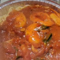 Shrimp Fra Diavolo · Jumbo shrimp in a spicy fresh basil marinara sauce over linguine pasta.