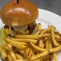 Dock Burger · Bacon, American Cheese, Special Sauce, Lettuce, Tomato, Onion, Pickle, French Fries