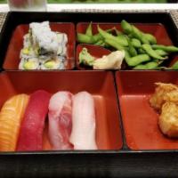 Bento Combo Box Lunch · Served with shumai, edamame, California roll and soup or salad.