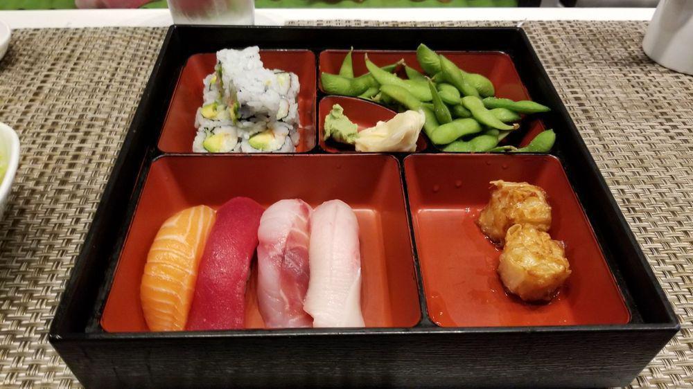 Bento Combo Box Lunch · Served with shumai, edamame, California roll and soup or salad.
