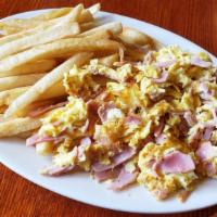 Scrambled Eggs / Huevos Revueltos · ham scrambled eggs with fries / huevos revueltos con jamón y papas fritas
