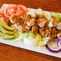 Chicken & Shrimp Salad / Ensalada De Pollo Y Camarones · pan seared chicken & pan seared shrimp with green salad and avocados / pechuga a la plancha ...
