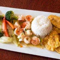 Shrimp With Vegetables / Camarones Con Vegetales · with rice, steamed vegetables, and fried plantains / con arroz, vegetales al vapor, y tostones