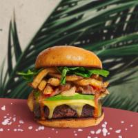 Freaky Fries Vegan Burger · Seasoned Impossible burger patty topped with fries, avocado, melted vegan cheese, onion, let...