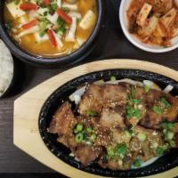Bbq Pork Belly + Bean Paste Stew Or Kimchi Stew / 바베큐 삼겹살+ 된장 Or 김치찌개콤보 · BBQ pork belly with salad, beef bone soup, and rice. and choice of Bean Paste Stew or Kimchi...