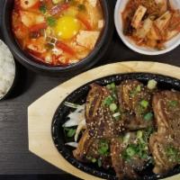 Bbq Beef Rib & Tofu Soup Combo 바베큐 갈비 와 순두부 콤보 · Korean BBQ beef short rib and spicy tofu soup combo.