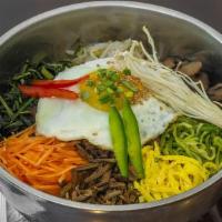 Beef Bibimbap / 소고기 비빔밥 · Mixed sauteed vegetable with rice, comes with kimchi and soup.
