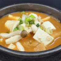 Dwenjang Jjigae / 된장찌개 · Bean paste stew with choice of pork or Beef option, comes with rice and kimchi.