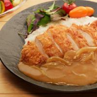 Pork Katsu & Curry Rice / 돈까스 카레 라이스 · Pork cutlet and curry over rice, comes with salad, miso soup.