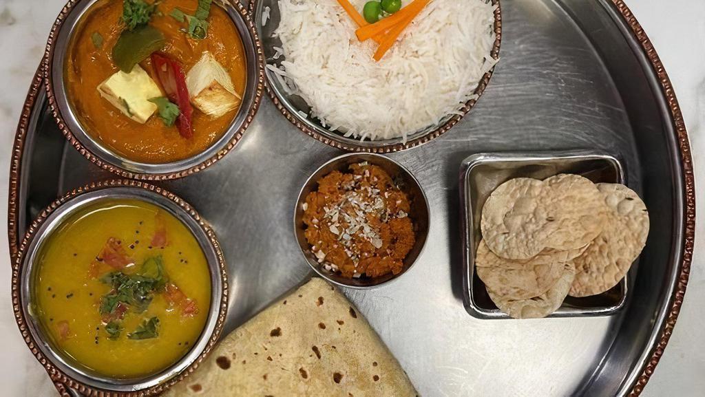 Kadhai Paneer Thali (Platter) · Kadhai paneer, dal, rice, roti, papadum & carrot halwa.