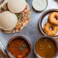 Southern Thali (Vgf Platter) · Idlis, medu vada, onion & tomato uttapam, rasam, sambhar & coconut chutney. Vegan & Gluten F...