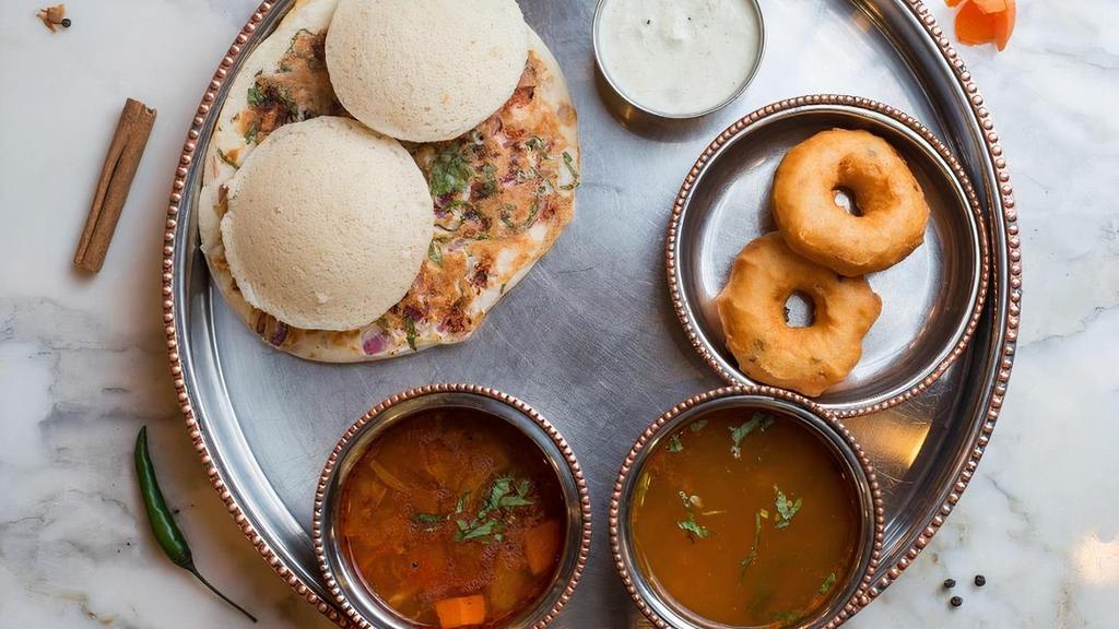 Southern Thali (Vgf Platter) · Idlis, medu vada, onion & tomato uttapam, rasam, sambhar & coconut chutney. Vegan & Gluten Free.