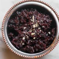 Beet Halwa (Vgf) · Sautéed sweetened beets with coconut oil, topped with toasted pistachios. Vegan & Gluten Free.