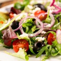 Lg Mediterranean Salad · Mixed greens, romaine, tomatoes, onions, red cabbage, frayed carrots, chickpea, olives, cucu...