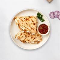 Queso Picante Quesadilla · Melted pepper jack and cheddar cheese, jalapeños, red roasted peppers, caramelized onions in...