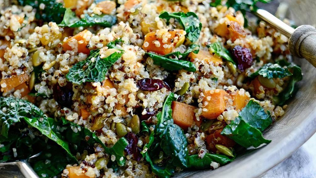 Organic Kale Salad · Quinoa, roasted butternut squash, apples, pickled red onion, almonds, maple balsamic vinegar, dried cranberries.