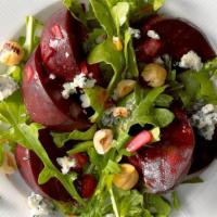 Sweetheart Beet Salad · Organic red beets, Baby arugula, pistachios, feta cheese, red wine pomegranate reduction.
