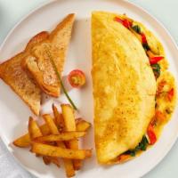 Garden Omelette Platter · Scrambled eggs cooked with mushroom, bell peppers, broccoli, tomatoes, and cheddar cheese as...