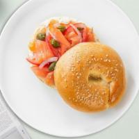 Lox' N Bagel · Lox (smoked salmon), cream cheese, and capers served on a bagel.