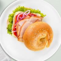 Sweet And Spicy Bagel · Southwestern style turkey, Jack cheese, lettuce, tomato, and sweet pepper served on a bagel