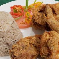Fry Chicken · Meal served in medium size dish with either rice, food, dumpling and veg.