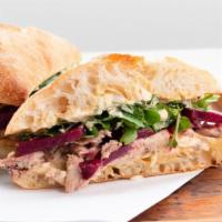 Ode To Saltie · Pickled beets, sardines, bitter & peppery greens, deviled egg mayonnaise on ciabatta. Inspir...