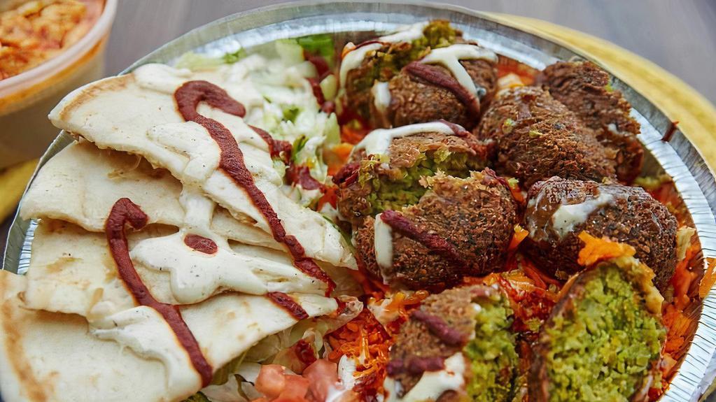 Falafel Platter · falafel served with rice, salad,slice of pita bread, chickpeas, sauce ( your choice of white sauce, hot sauce green and tahini sauce )
