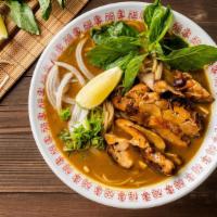 Curry Chicken Pho Noodle Soup · Chopped grilled chicken. Served with drinkable curry broth, onions, scallions, and lemon, ba...