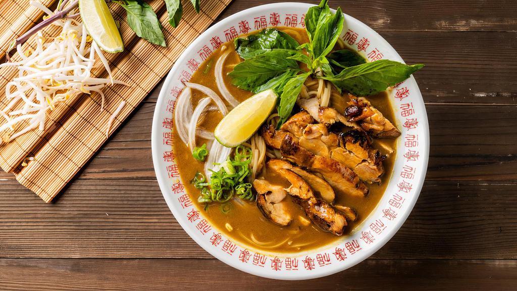 Curry Chicken Pho Noodle Soup · Chopped grilled chicken. Served with drinkable curry broth, onions, scallions, and lemon, basil and bean sprouts on the side.