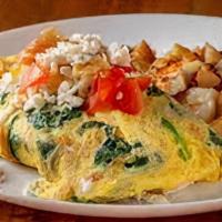 Greek Omelette · Spinach, onion, tomatoes, oregano and Feta cheese.