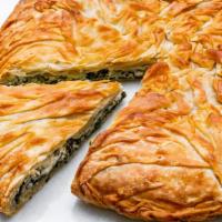 Spanakopita  · SPINACH & FETA PIE 
One triangle/ one serving.  
Imported Greek spinach & feta cheese pies m...