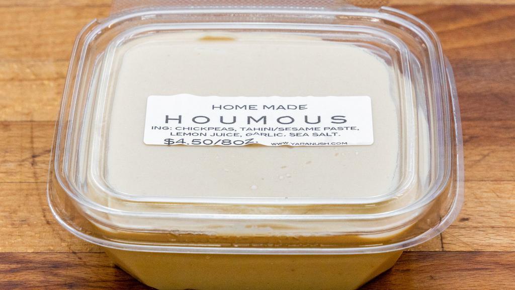 Houmous/Hummus · Silky smooth in house cooked chickpeas, Lebanese tahini/sesame paste, lemon juice, garlic, sea salt. 
8oz.