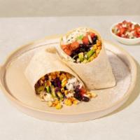 Elote Burrito · Burrito with your choice of protein, corn, jalapenos, shredded cabbage, white rice, avocado,...
