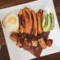 Bandeja Paisa · Pork rinds, fried plantains, fried egg, and avocado served with rice and beans.