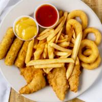 La Mia Cucina Sampler · Chicken fingers, mozzarella sticks, onion rings and french fries.
