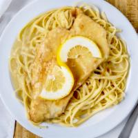 Chicken Francese · Chicken breast, butter, white wine and lemon. Served with a side of pasta.