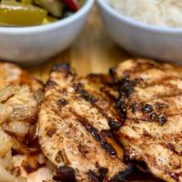 Grilled Chicken Platter · Soft Chicken Breast, Impeccably Seasoned and Grilled.Served with a choice of 2 sides.