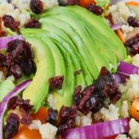 Healthy Quinoa Salad · Mixed greens, sweet potatoes, portobello mushrooms, shredded carrots, cucumbers, cherry toma...