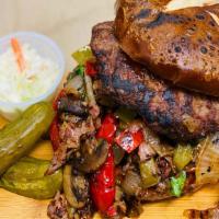 Classic Nyc Burger · Extre large beef burger, corned beef, fried onions, sauteed mushrooms, roasted peppers, lett...