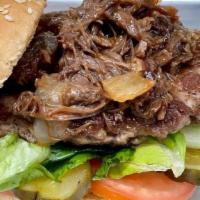 Pulled Beef Burger · Beef patty, Tender pulled beef, lettuce, tomatoes, pickles, fried onions, in BBQ sauce