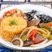 Fajitas · Poblano and mixed bell peppers, onions, served with pico de gallo with rice and beans.