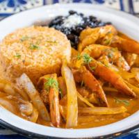 Camarones A La Diabla · Jumbo shrimp, spicy creamy chipotle sauce served with rice and beans.