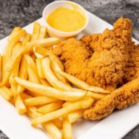 Chicken Fingers & Fries · chicken fingers with fries and honey mustard.