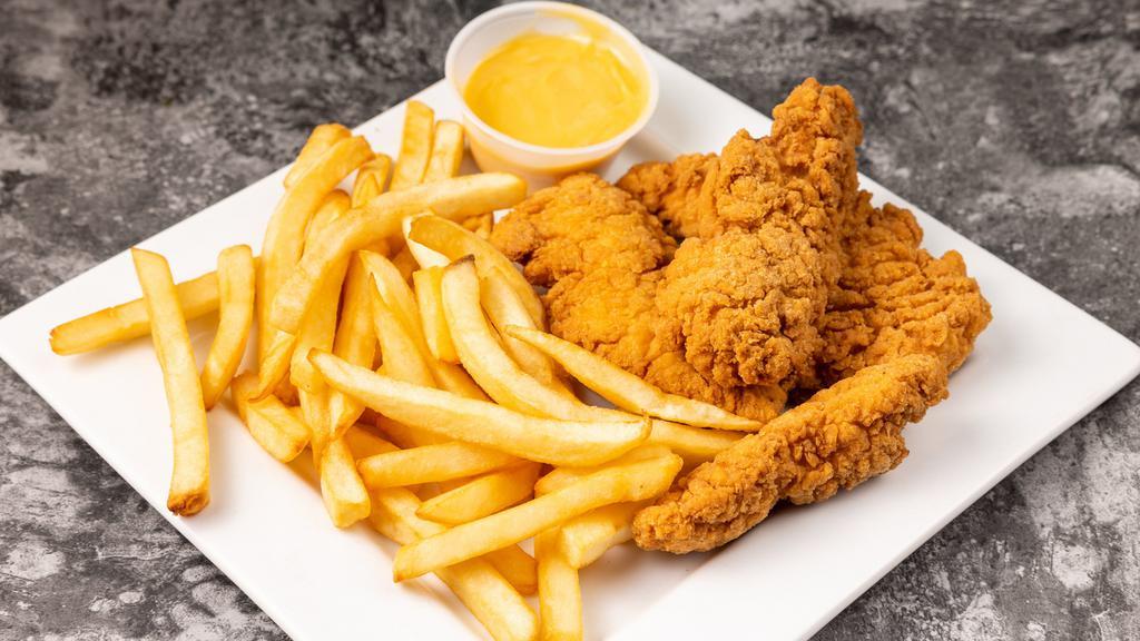 Chicken Fingers & Fries · chicken fingers with fries and honey mustard.